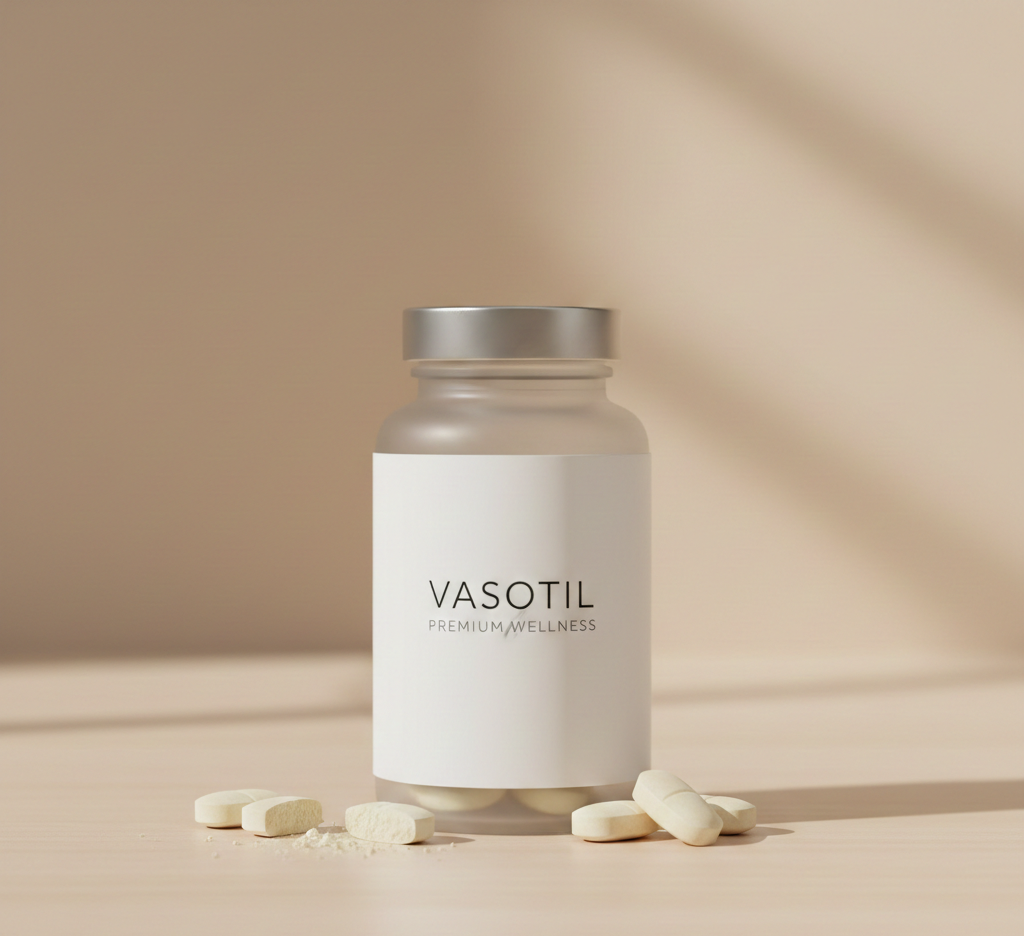 Упаковка продукту Vasotil на нейтральному тлі - натуральний засіб для підтримки серцево-судинної системи у фірмовій синій упаковці з логотипом